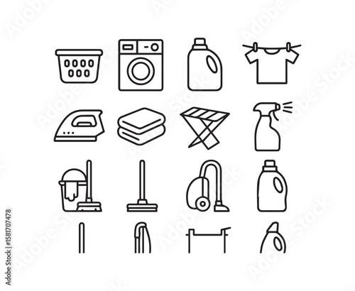 Line Art Icon Set Showcasing Laundry Cleaning and Household Chores