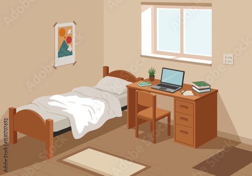 Cozy Dorm Room Setup A modern dormitory with a bed, desk, laptop, books, and artwork, creating a comfortable study space.