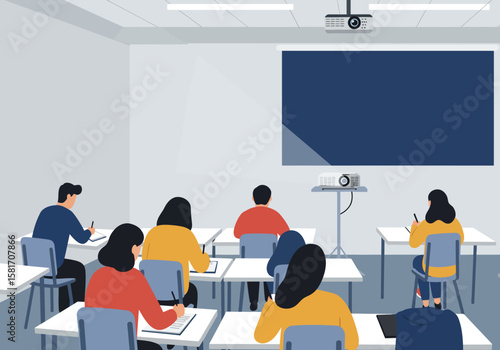 Classroom Scene with Students Learning, Display Screen, and Projector on White Wall for Educational or Academic Use