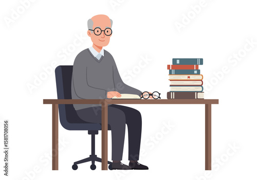 Senior man with eyeglasses reading and studying at desk near a pile of books with a calm demeanor.