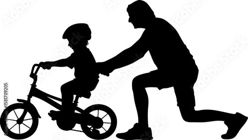 Silhouette of a father teaching his child to ride a bike on a white background with love and patience