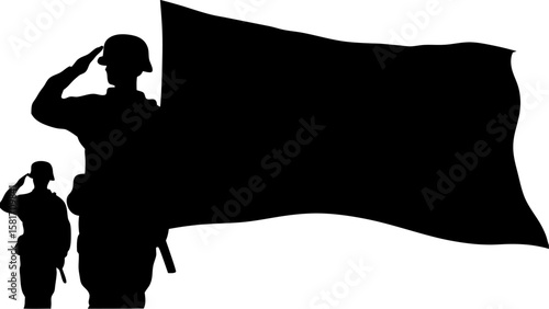 Silhouette illustration of two soldiers saluting with a large flag in black and white color scheme