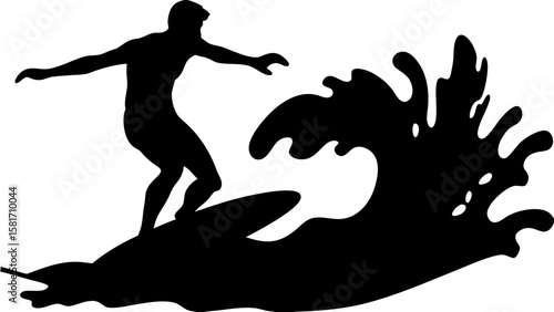 Silhouette of a surfer riding a wave with arms outstretched against a white background in a vector image