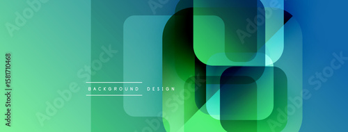 Abstract geometric shapes overlap, creating vibrant gradient effect. Modern design utilizes cool blues, greens, subtle transparency.