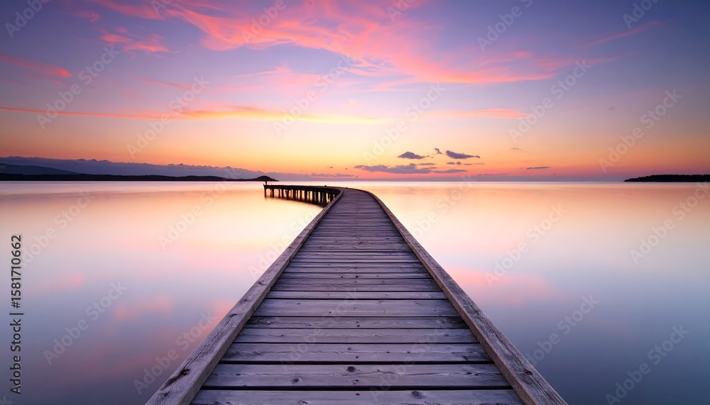 Fototapeta premium Serene sunset over tranquil waters with a wooden pier stretching into the horizon