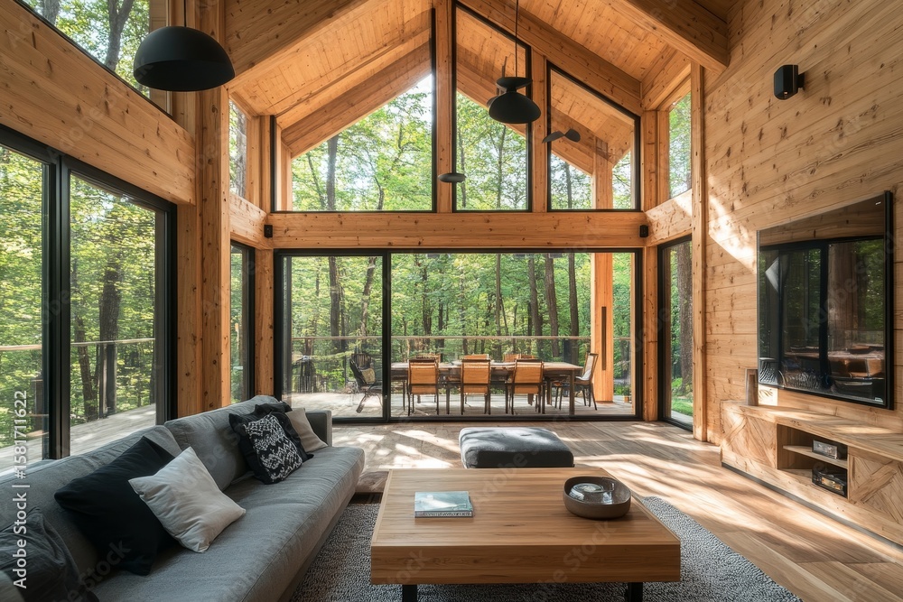 Fototapeta premium Wooden house in the forest with vaulted ceilings, enhancing the design of a modern living room that connects with the natural surroundings, Generative AI