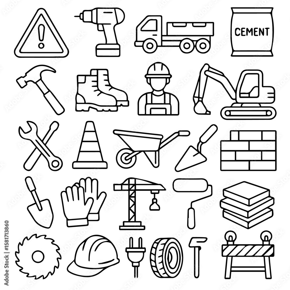 custom made wallpaper toronto digitalDetailed Outline Icons: Construction Tools, Heavy Machinery, Safety Gear, Building Materials, and Road Site Elements