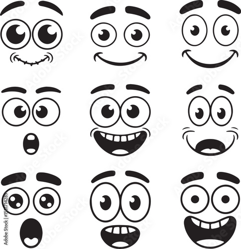 Black and white cartoon facial expressions with wide eyes and mouths faces