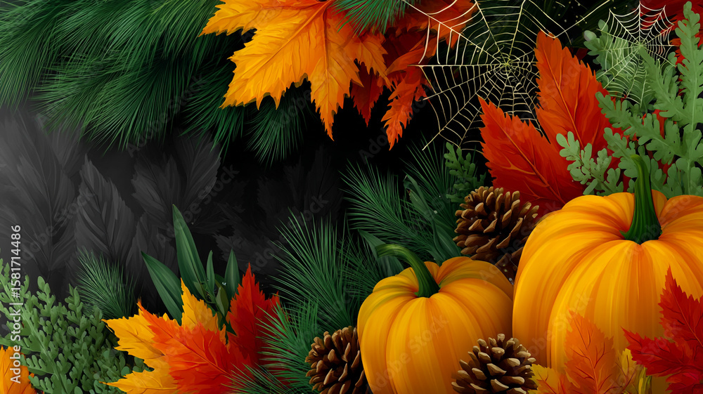 Fototapeta premium Autumn Harvest Still Life with Pumpkins Pine Cones Leaves and Spider Web