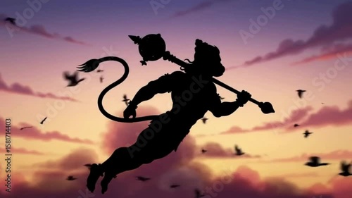 Wallpaper Mural Silhouette of Hanuman flying with a mace over a colorful sky, surrounded by birds. Torontodigital.ca