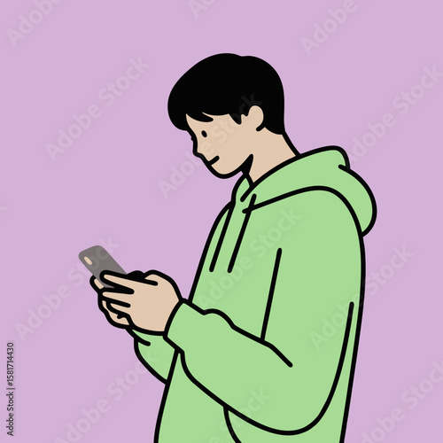Side View of Young Man in Green Hoodie Using Smartphone – Minimalist Illustration