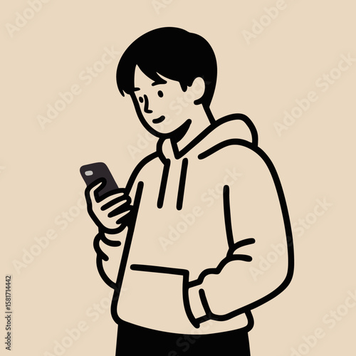 Young Man in Hoodie Using Smartphone - Minimalist Illustration