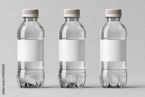Three clear plastic water bottles with blank labels against a light gray background