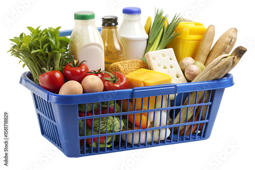 Blue plastic supermarket shopping basket filled with fresh groceries and dairy products isolated on a transparent background