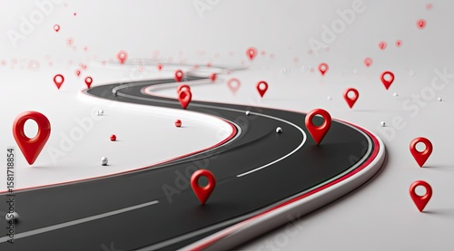 Winding road with many red location markers