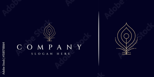 Luxury peacock feather logo with minimalist linear outline line art design style