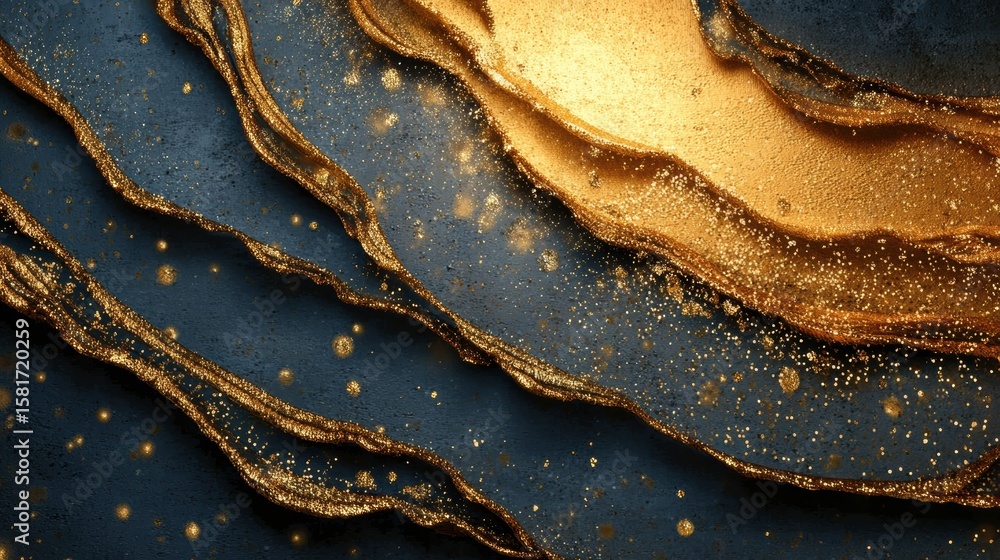 Fototapeta premium Golden Waves: An abstract, luxurious composition features swirling golden waves, layered against a deep blue backdrop, conveying opulence and elegance.