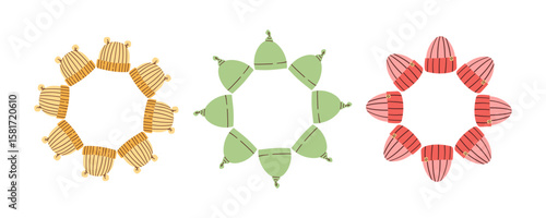 Baby hats colorful cartoon icons. Simple flat wreath of children clothes. Cute hats, caps, sun hats for newborn child, toddler, little boy or girl. Kids wardrobe garment. Warm hat with bear ears