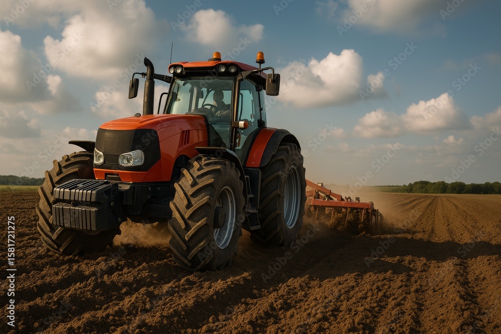 Fototapeta premium Powerful Tractor Cultivating Field Under Blue Sky with Clouds