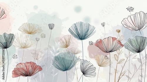 Fototapeta Naklejka Na Ścianę i Meble -  Watercolor wash backdrop with line art flowers and plants in soft, dreamy colors