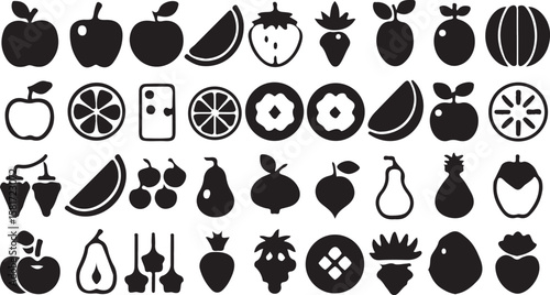 Set of black and white fruit and vegetable silhouette icons including apple, lemon, cherry, and strawberry illustrations
