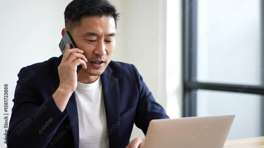 Man Talking on Phone While Using Laptop at Desk Inside Office Man Talking on Phone While Using Laptop at Desk Inside Office