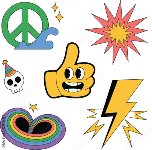 Colorful Retro Emojie Sticker Set with Peace Sign, Thumbs Up, and Love Heart