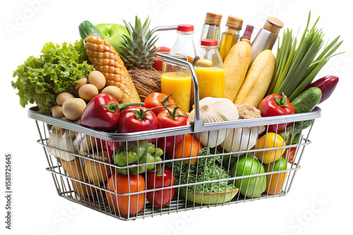 Full shopping basket overflowing with fresh fruits vegetables eggs and juice bottles isolated on a transparent background