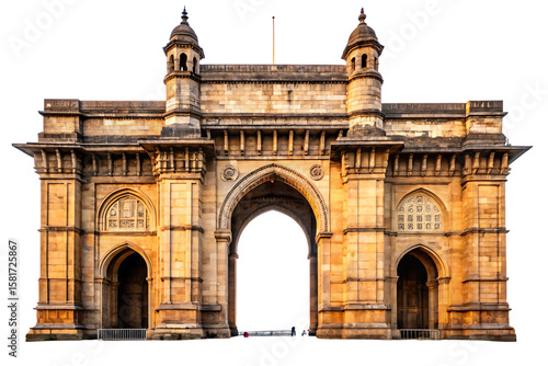 Gateway of India monument stone archway with ornate details and towers in Mumbai isolated on a transparent background