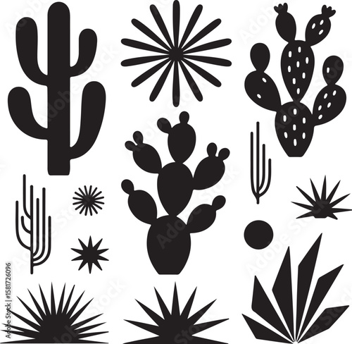 Desert plants and sunburst silhouettes cactus prickly pear