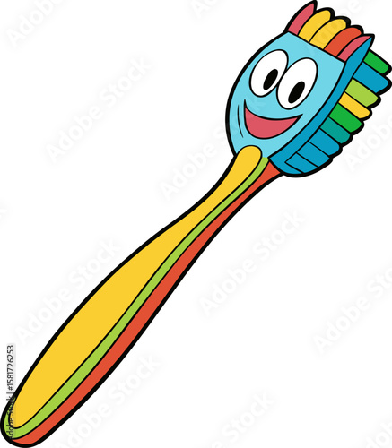 Happy cartoon toothbrush with colorful bristles and a smiling face