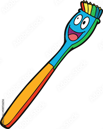 Happy cartoon toothbrush with colorful bristles and a smiling face