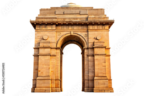 India Gate monument in New Delhi made of sandstone with an arched entryway isolated on a transparent background