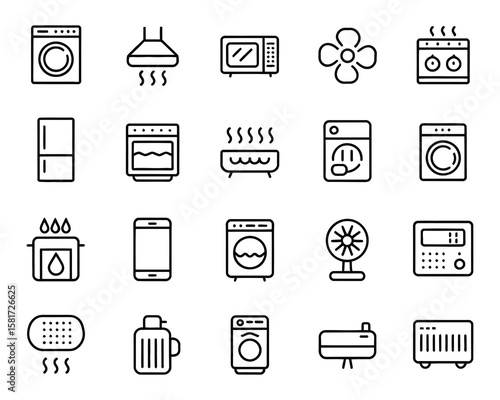 Home Appliances Icons  Kitchen, Laundry & Climate Control Vector Set - Refrigerator, Washer, AC, Oven - Adjustable Weight