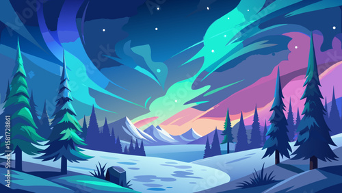 Vibrant aurora borealis lights up a snowy winter landscape with pine trees
