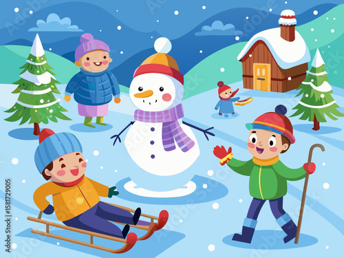 Children enjoy building a snowman and sledding on a snowy winter day