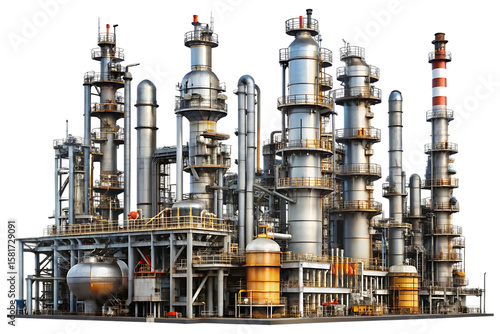 Large industrial oil refinery complex with multiple tall chimneys and metal structures isolated on a transparent background