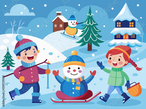 Children and snowman enjoying winter activities in a snowy landscape