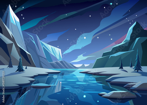 Stylized arctic landscape with icy mountains and a reflective river under a starry night sky