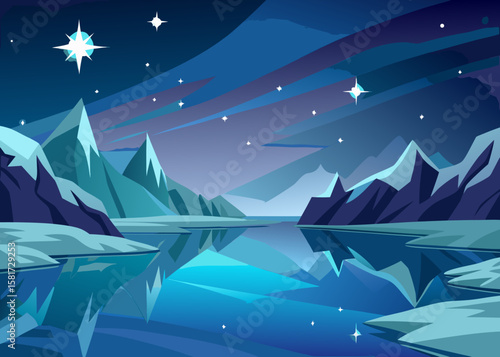 Serene arctic landscape with jagged mountains reflecting in calm water under a starry night sky