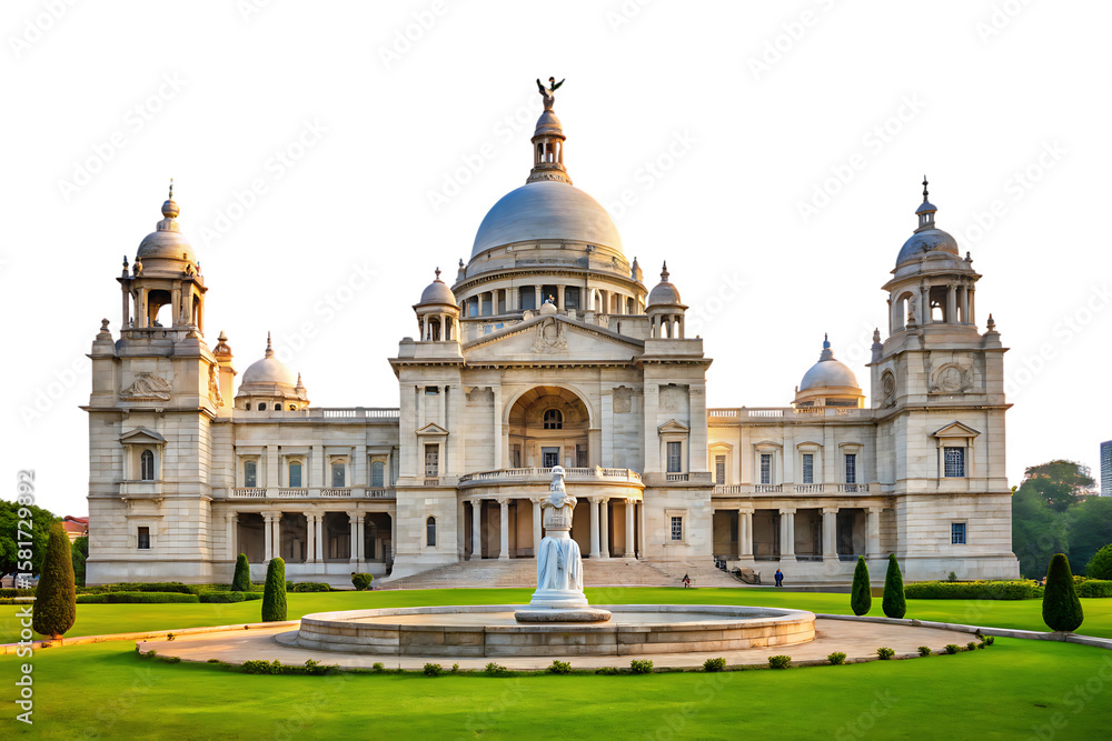 Fototapeta premium Majestic white marble Victoria Memorial building with a central dome and manicured green lawn isolated on a transparent background