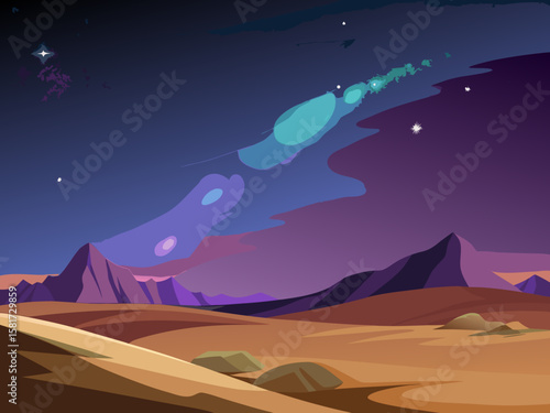 Alien planet landscape with colorful nebula and distant mountains under starry sky