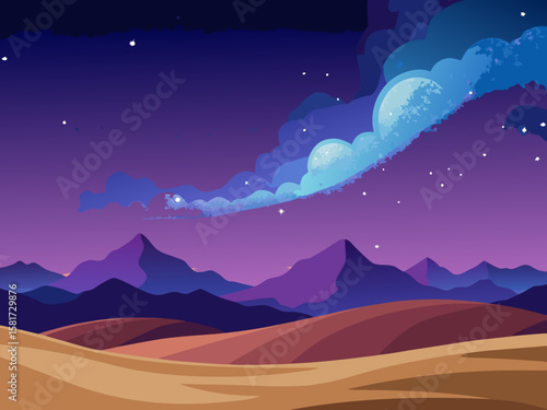 Stylized desert landscape under a vibrant purple and blue starry night sky