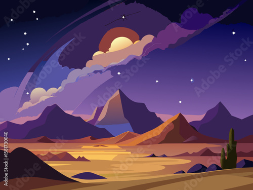 Stylized alien desert landscape under a starry twilight sky with a setting sun