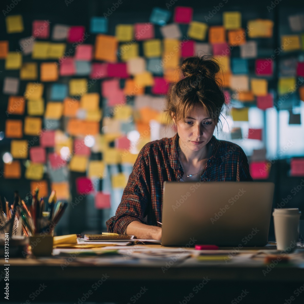 Fototapeta premium Focused woman with a ponytail typing rapidly on a laptop in a bright office environment.