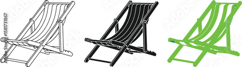 Three beach chairs in different styles and colors on a white background
