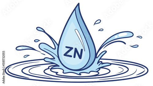 Zinc water drop illustration for mineral supplement concept and chemical element with splashing effect vector