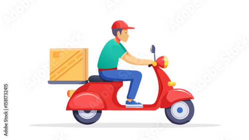 Delivery service man riding scooter with box for fast shipping and express delivery services concept 100