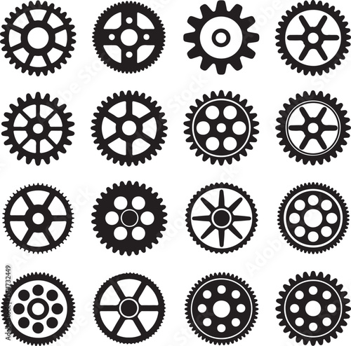 Black gear silhouettes with various spoke and hole patterns gears cogwheels