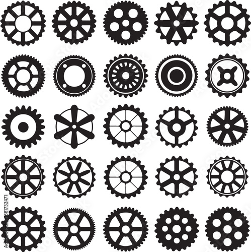 Black gear silhouettes with various spoke and hole patterns gears sprockets